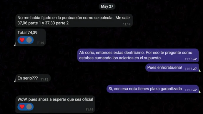 Resultado comunicado por comprador del temario TAI con 74,39 puntos