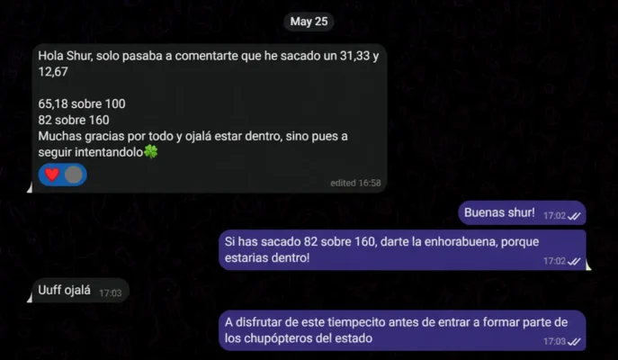 Resultado comunicado por comprador del temario TAI con 82 sobre 160 puntos